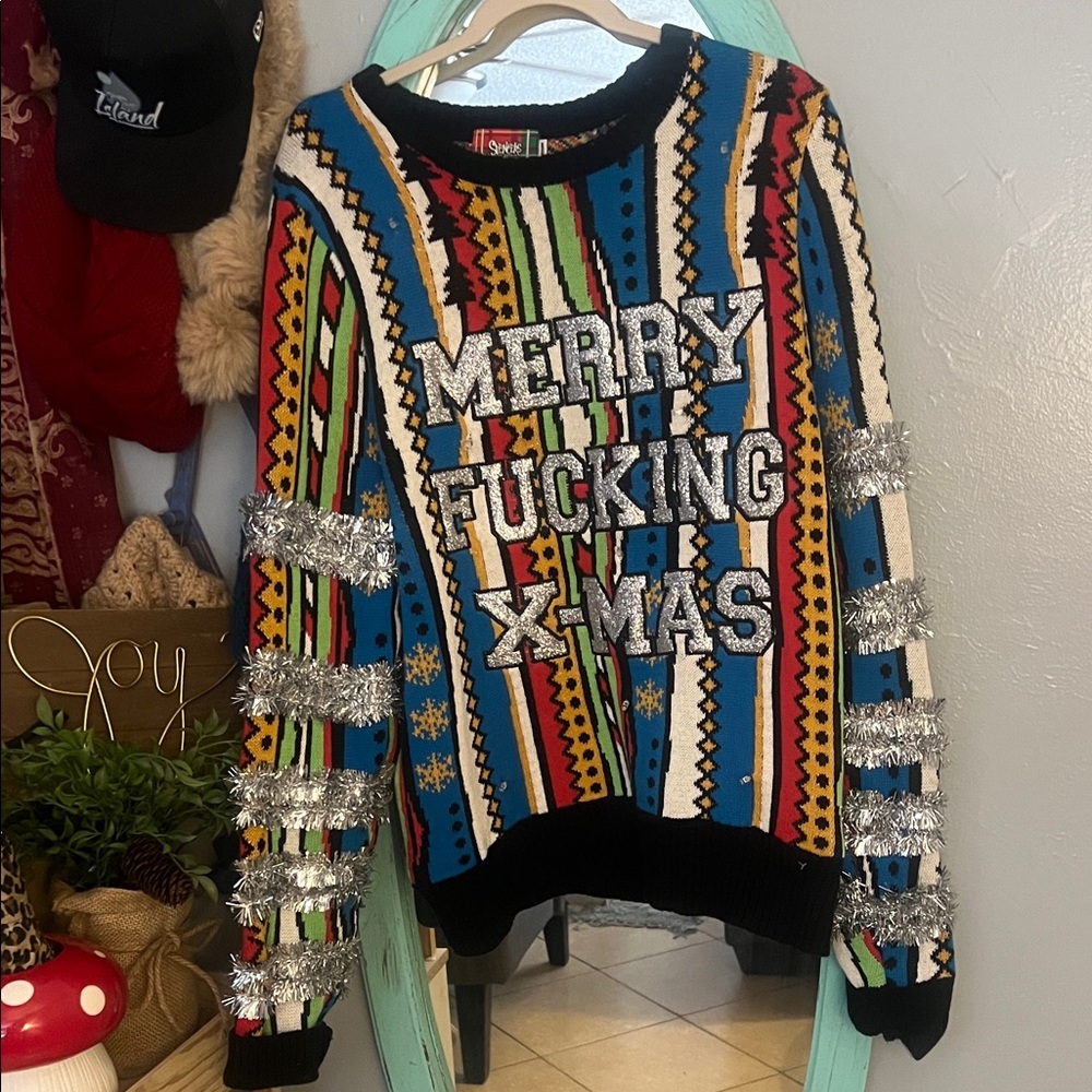 Funny Colorful Light Up Christmas Sweater with Tinsel Accents